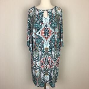 Chico's Teal Geometric Floral Knit Shift Dress 3P